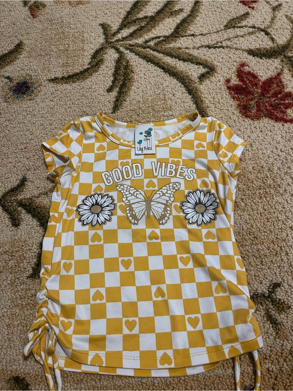 Lily Bleu Yellow & White Checkered "Good Vibes" Short Sleeve Top